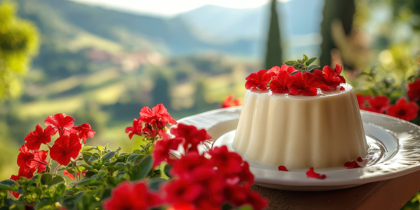 Elegant dessert with flower garnishes set against a stunning mountain landscape during golden hour